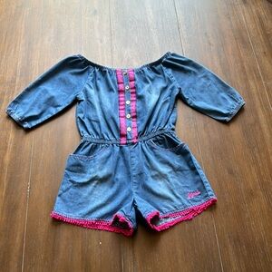 Size 8 Kenzie pocketed crochet trim denim chambray romper jumpsuit shorts